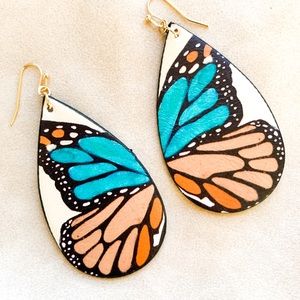 Women/girls Butterfly Dangle Earrings-Teal and tan, teardrop shape